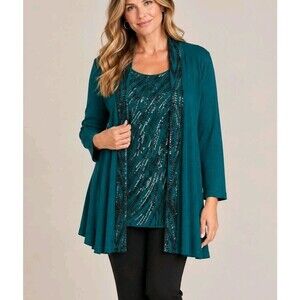 BOB MACKIE Teal Sequin Tank Top Open Cardigan Jacket 2 Pc Set - XL